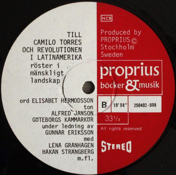 Elisabet Hermodsson, Alfred Janson, Göteborgs Kammarkör, Gunnar Eriksson, Lena Granhagen, Håkan Strängberg – Till Camilo Torres Och Revolutionen I Latin Amerika, image 4