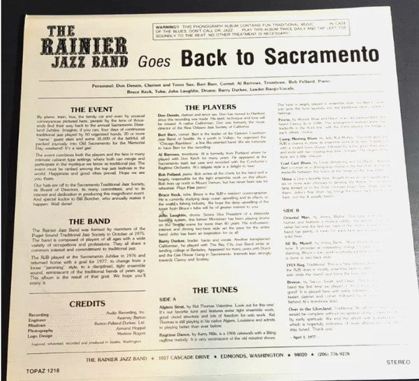 The Rainier Jazz Band – Goes Back To Sacramento, image 2
